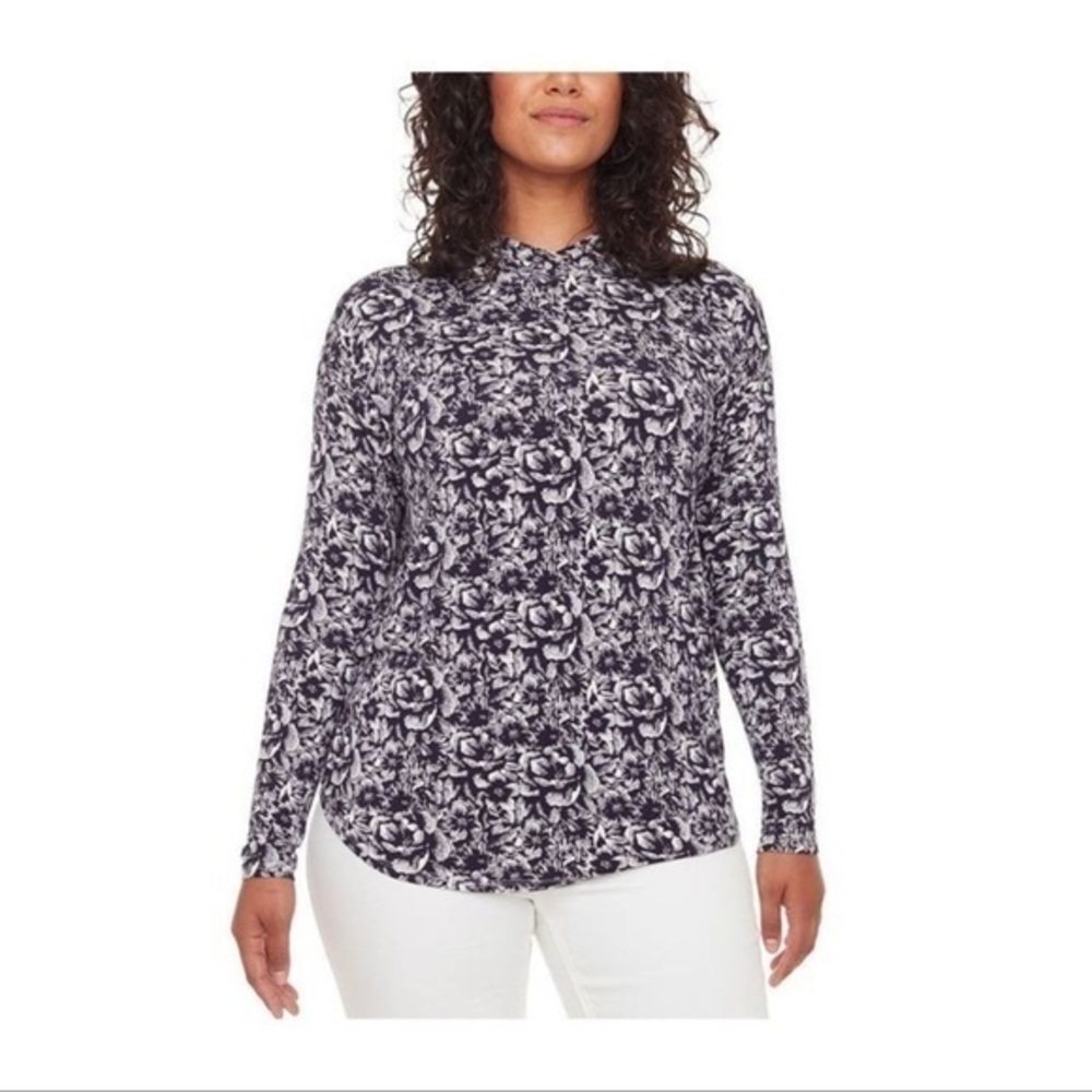 S.C. & Co. Womens Floral Print Top with Hood Blue XL